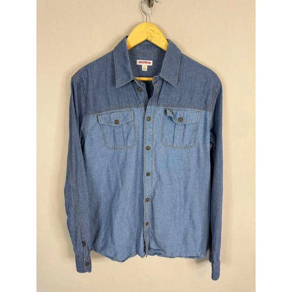True‎ Religion Mens Two Tone Denim Utility Shirt Blue Colorblock Button Down M